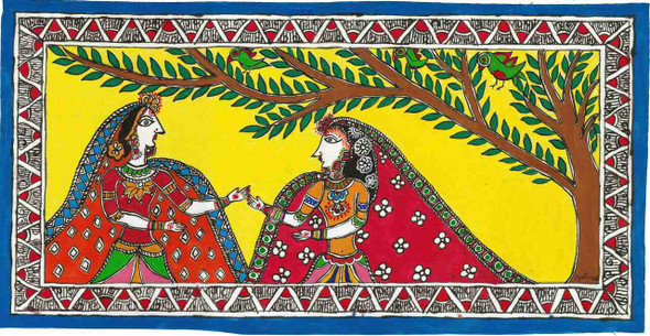 Madhubani - Radha In Vrindavan With Friend (PRT_7230_44781) - Canvas Art Print - 24in X 13in