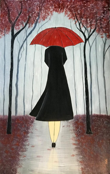 Black lady with red umbrella in a rainy day (ART_7247_45112) - Handpainted Art Painting - 13in X 21in