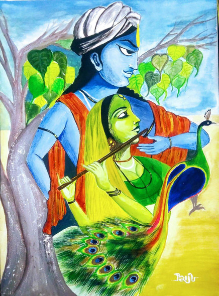 Lord Krishna & Radha (ART_3993_45179) - Handpainted Art Painting - 18in X 22in