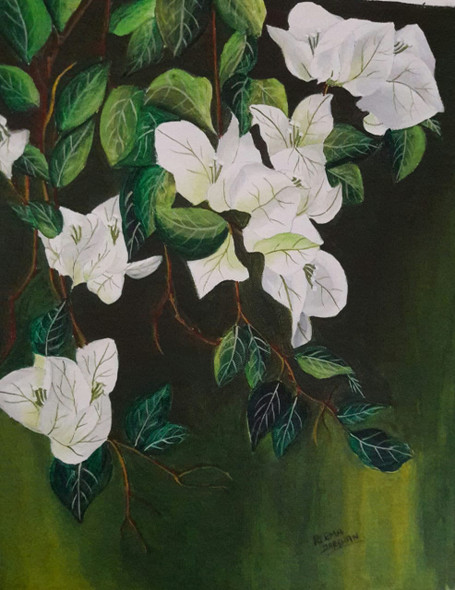 White Bougainvillea (ART_7255_45344) - Handpainted Art Painting - 13in X 16in