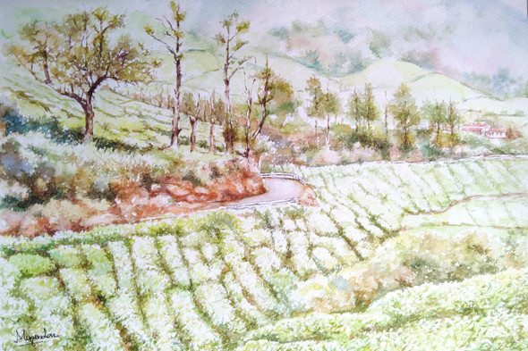 Tea Garden (ART_7260_45409) - Handpainted Art Painting - 15in X 10in