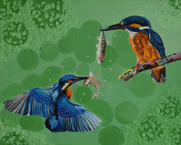 The Catchers: Birds (ART_7240_45208) - Handpainted Art Painting - 20in X 16in