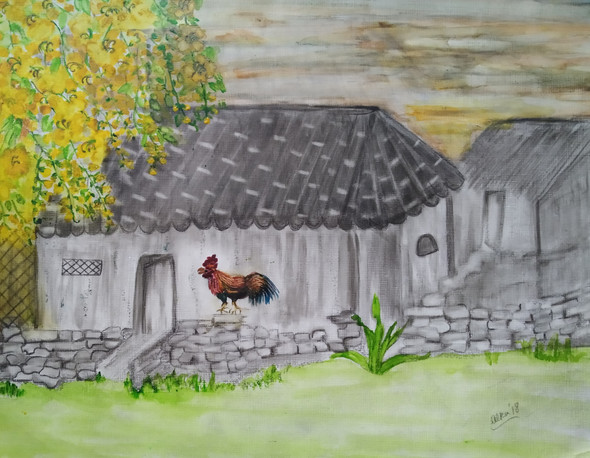 Rooster in the backyard (ART_7251_45256) - Handpainted Art Painting - 13in X 10in