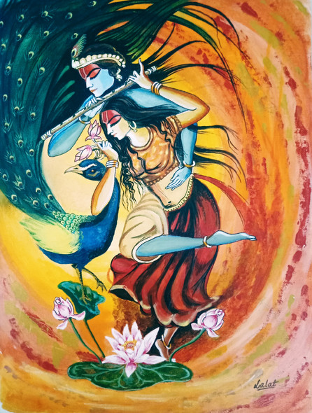 Radha Krishna a Sublime love (ART_7272_45701) - Handpainted Art Painting - 12in X 16in