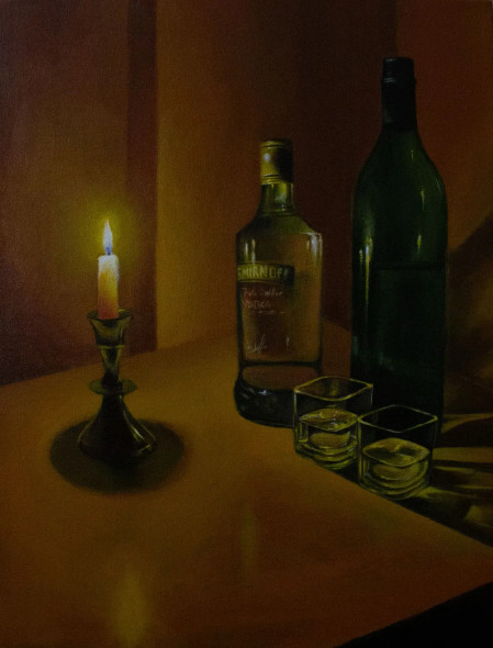 Vodka In The Candle Light Painting (ART_4415_45986) - Handpainted Art Painting - 24in X 20in