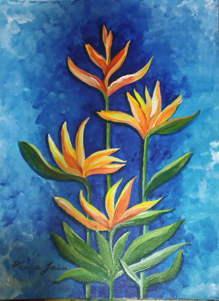 Bird of paradise blooms (ART_3827_46217) - Handpainted Art Painting - 12in X 16in