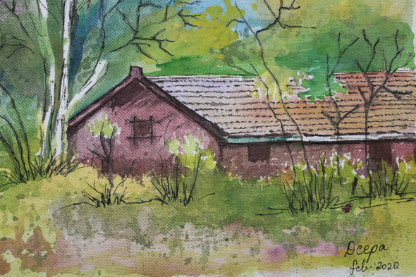 Village house (ART_7299_46268) - Handpainted Art Painting - 11in X 7in