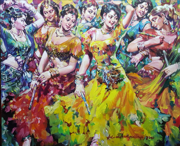 Dandia Raas Acrylic on Canvas by Contemporary Artist (ART_7308_46350) - Handpainted Art Painting - 34in X 28in