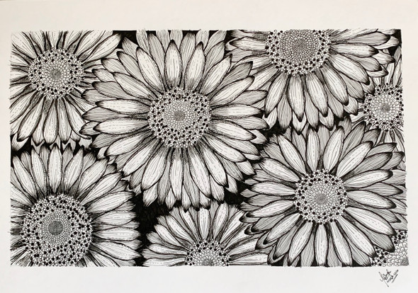 Sunflower doodle (ART_7314_46294) - Handpainted Art Painting - 16in X 11in