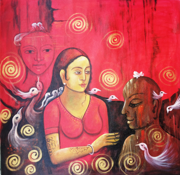 Lady With Monk (ART_1229_46463) - Handpainted Art Painting - 30in X 30in