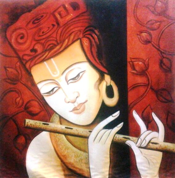 Red Krishna (ART_1229_46462) - Handpainted Art Painting - 30in X 30in