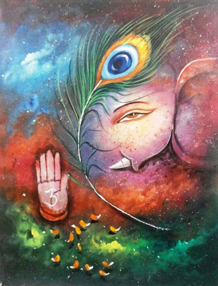 Krishna Ganesh (ART_1229_46461) - Handpainted Art Painting - 36in X 24in