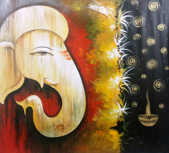 Yellow Ganesha (ART_1229_46460) - Handpainted Art Painting - 30in X 30in