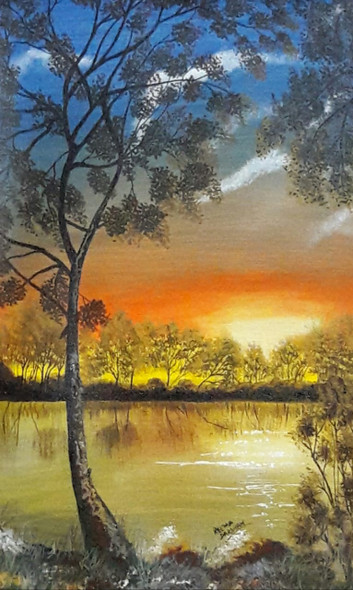 Lakeside Sunrise (ART_7255_46444) - Handpainted Art Painting - 12in X 19in