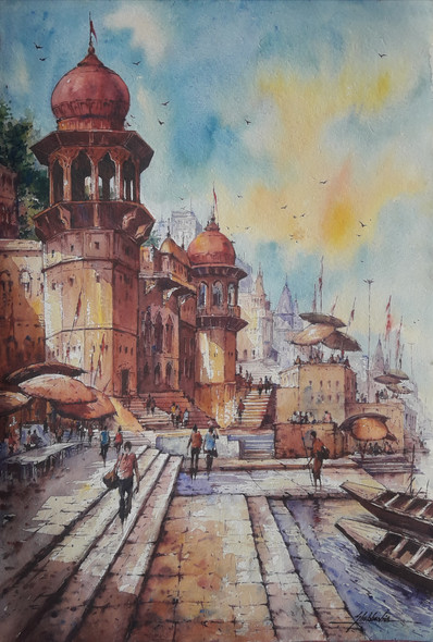 Varanasi Ghat-4 (ART_5995_46422) - Handpainted Art Painting - 15in X 22in