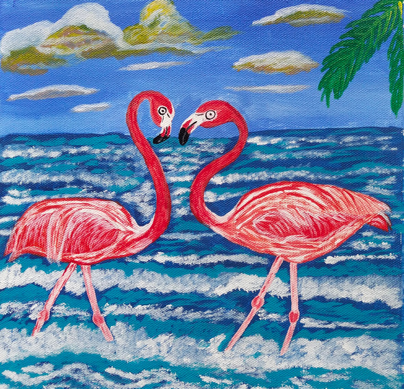 Flamingos On The Beach (ART_4844_46749) - Handpainted Art Painting - 10in X 10in