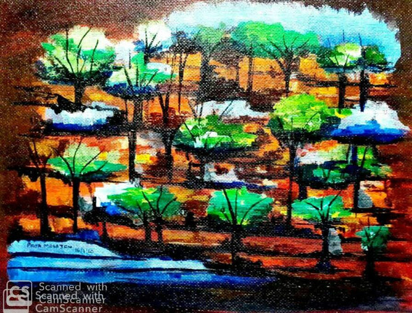 Landscape showing dense forest (ART_7347_46816) - Handpainted Art Painting - 15in X 12in