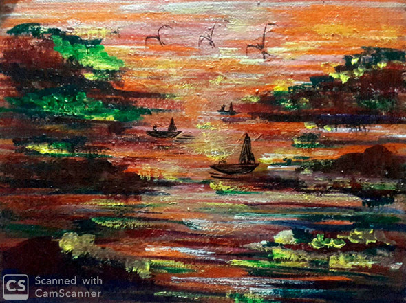 Landscape showing sunset (ART_7347_46815) - Handpainted Art Painting - 15in X 11in