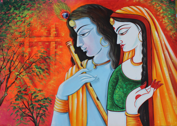 The Divine Radha Krishna-04 (ART_3319_47183) - Handpainted Art Painting - 36in X 24in