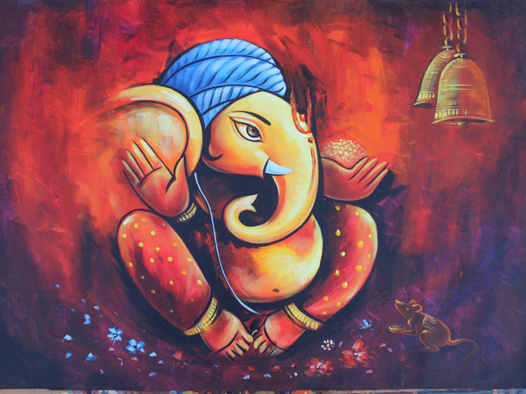 Lord Ganesha with mushak-003 (ART_3319_47177) - Handpainted Art Painting - 36in X 24in