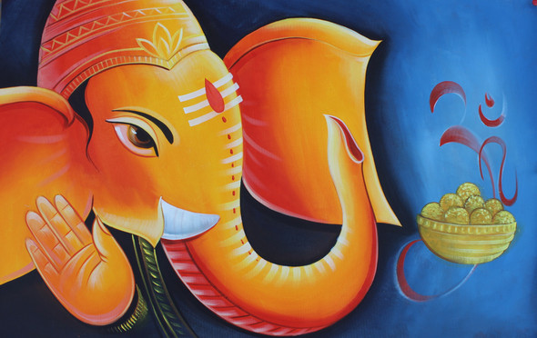 Om Ganesha-01 (ART_3319_47166) - Handpainted Art Painting - 36in X 24in