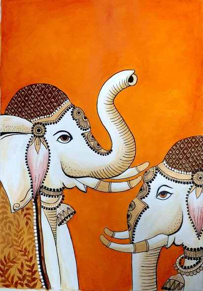 The white elephants (ART_7364_47068) - Handpainted Art Painting - 21in X 29in