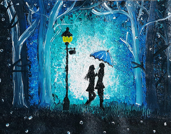 Romantic Couple Under an Umbrella (ART_7360_46977) - Handpainted Art Painting - 9in X 12in
