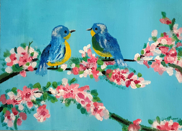 Two Beautiful Birds (ART_7360_46976) - Handpainted Art Painting - 9in X 12in