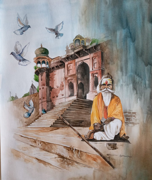 Banaras sadhu series (ART_7398_47390) - Handpainted Art Painting - 33in X 46in