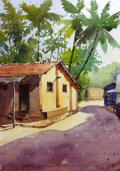 House in Konkan (ART_7393_47349) - Handpainted Art Painting - 10in X 13in