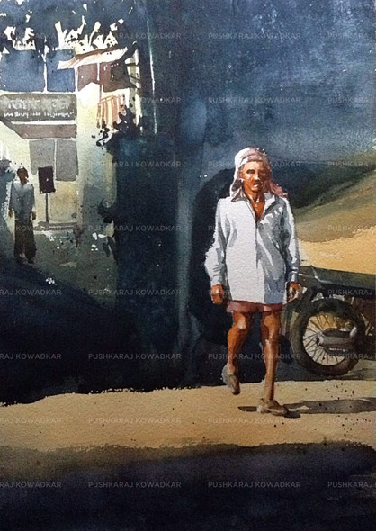 Man on street (ART_7393_47348) - Handpainted Art Painting - 10in X 13in