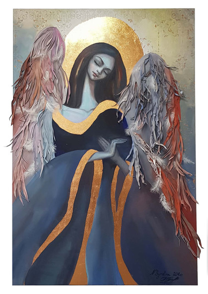 Angel of Silence Oil on Canvas Textiles Mixed Media on a Stretcher (ART_7308_47615) - Handpainted Art Painting - 39in X 59in