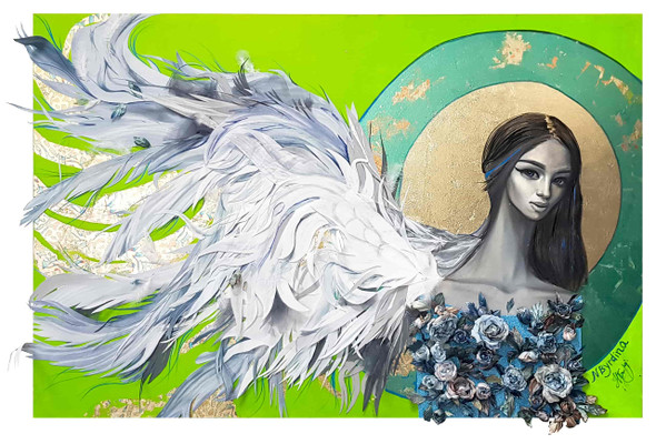 Angel of Life Oil on Canvas Textile Potal Mixed Media on a Stretcher (ART_7308_47614) - Handpainted Art Painting - 71in X 48in