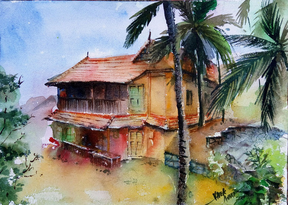 Ooru A Eco Friendly House In Kerala (ART_4505_47444) - Handpainted Art Painting - 14in X 10in