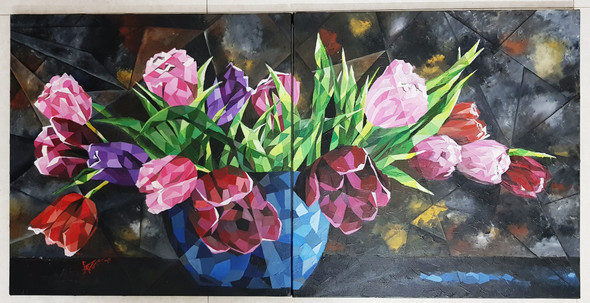 TULIP TOWN ON SPLIT CANVAS (ART_7410_47663) - Handpainted Art Painting - 48in X 24in