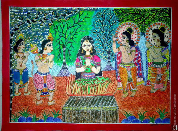 GODDESS SITA IN TEST OF PURITY (ART_7365_47731) - Handpainted Art Painting - 12in X 15in