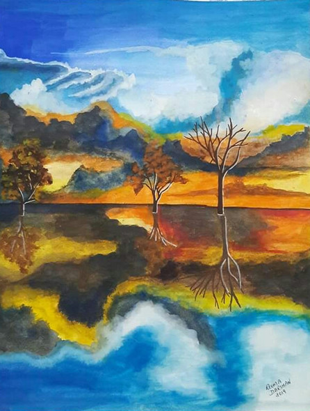 Trees near lakeside with reflection (ART_7255_47987) - Handpainted Art Painting - 11in X 14in