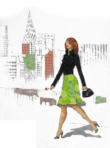 Lady,Walking on the street,Black tee green skirt