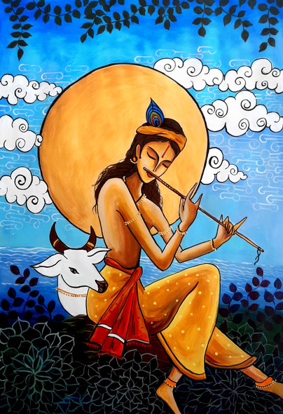 Krishna (ART_7364_48187) - Handpainted Art Painting - 21in X 29in