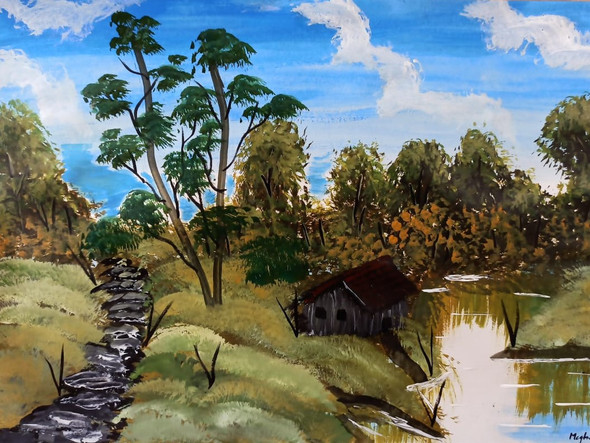 Lakeview Cabin (ART_7462_48424) - Handpainted Art Painting - 17in X 12in