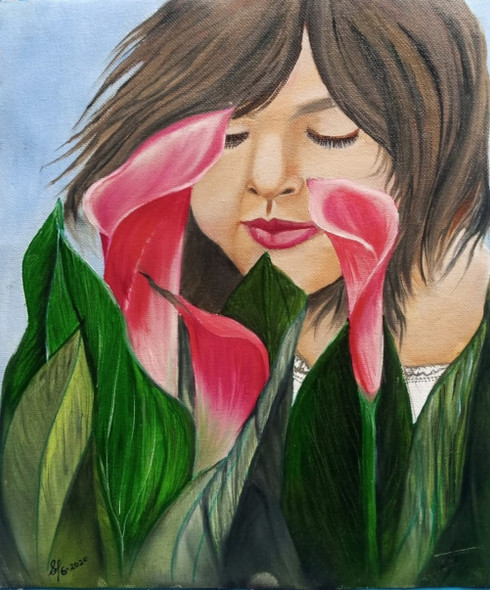 Girl with pink flowers (ART_7494_48512) - Handpainted Art Painting - 10in X 12in