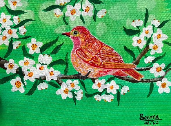 Spring Bird (ART_4844_48783) - Handpainted Art Painting - 7in X 5in