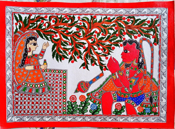 SITAJI HANUMANJI AT ASHOK VATIKA (ART_7470_48279) - Handpainted Art Painting - 11in X 15in
