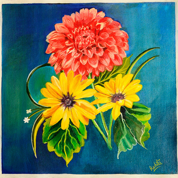 Evening Dahlia and Daisies blooms  on canvas (ART_7440_48147) - Handpainted Art Painting - 11in X 11in