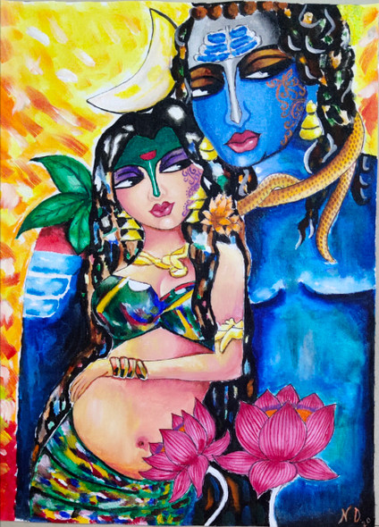 Shiva & Shivani (ART_7390_49323) - Handpainted Art Painting - 18in X 24in