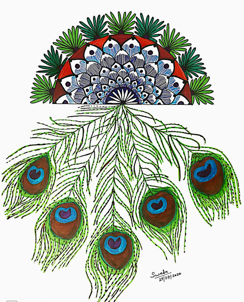 Abstract Mandala with peacock features  (ART_7523_49455) - Handpainted Art Painting - 12in X 15in