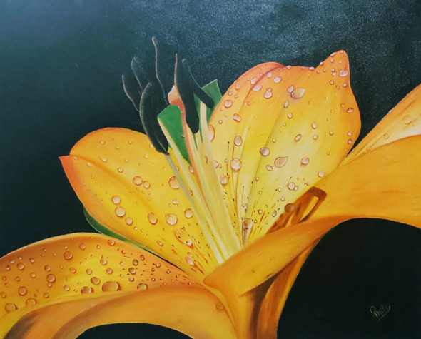 Raindrops On Lily (ART_7383_49465) - Handpainted Art Painting - 30in X 24in