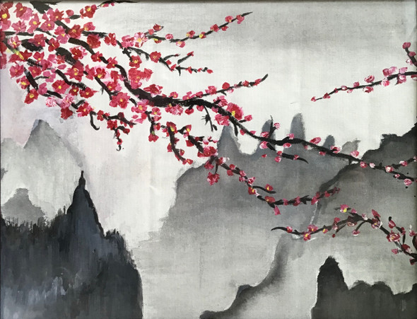 Cherry Blossom with Mountains (ART_7557_49278) - Handpainted Art Painting - 18in X 14in