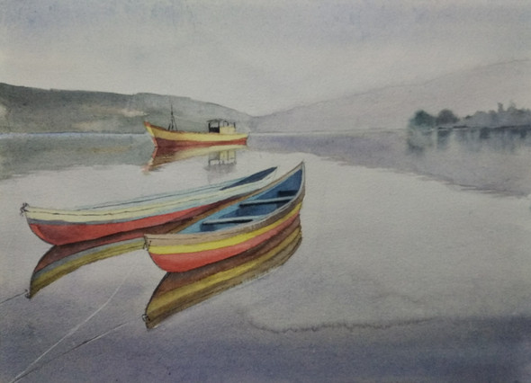 Boats at calm water (ART_7362_49857) - Handpainted Art Painting - 14in X 10in