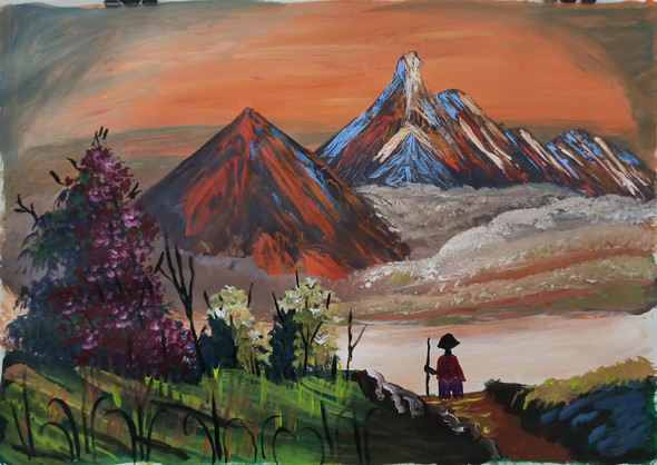 Fiery Mountains (ART_7462_49745) - Handpainted Art Painting - 17in X 12in